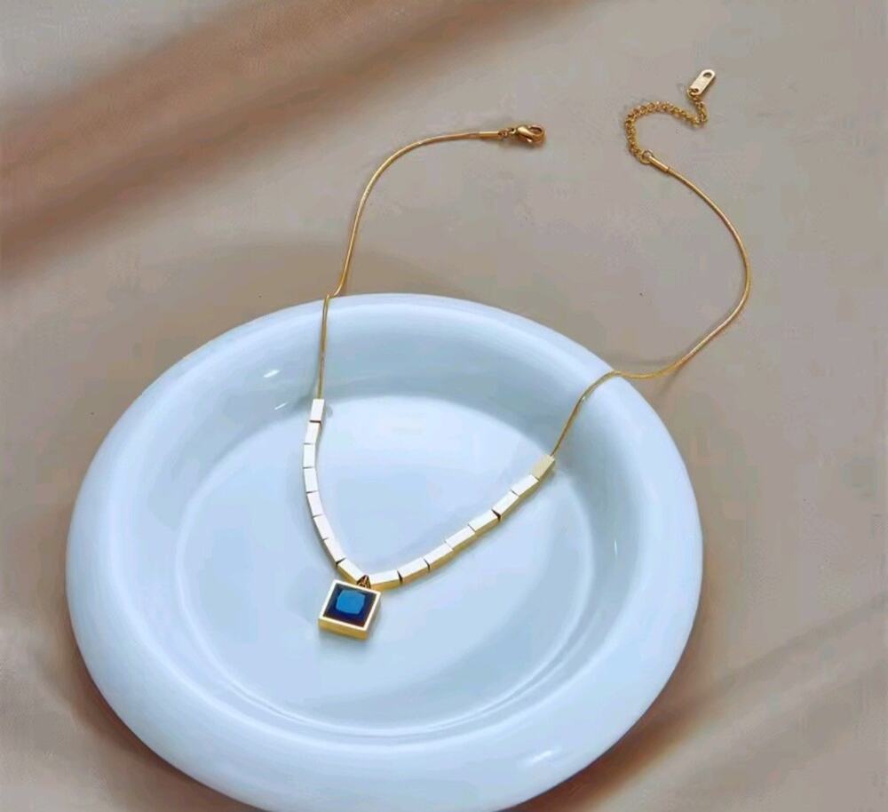 Nwob Square Adjustable Deep Blue Adjustable Stainless Steel Gold Tone Necklace